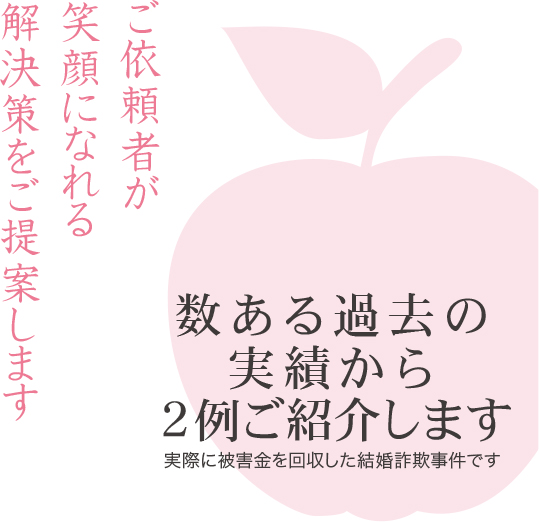 数ある過去の実績から２例ご紹介します（実際に被害金を回収した結婚詐欺事件です「ご依頼者が笑顔になれる解決策をご提案します」