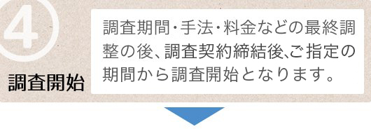 ④調査開始_調査期間・手法・料金などの最終調整の後、調査契約料金の50%を着手金としてご入金いただき、調査開始となります。