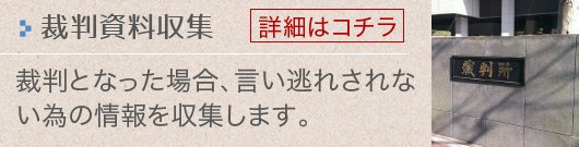 裁判資料収集_裁判となった場合、言い逃れされない為の情報を収集します。【詳細はコチラ】